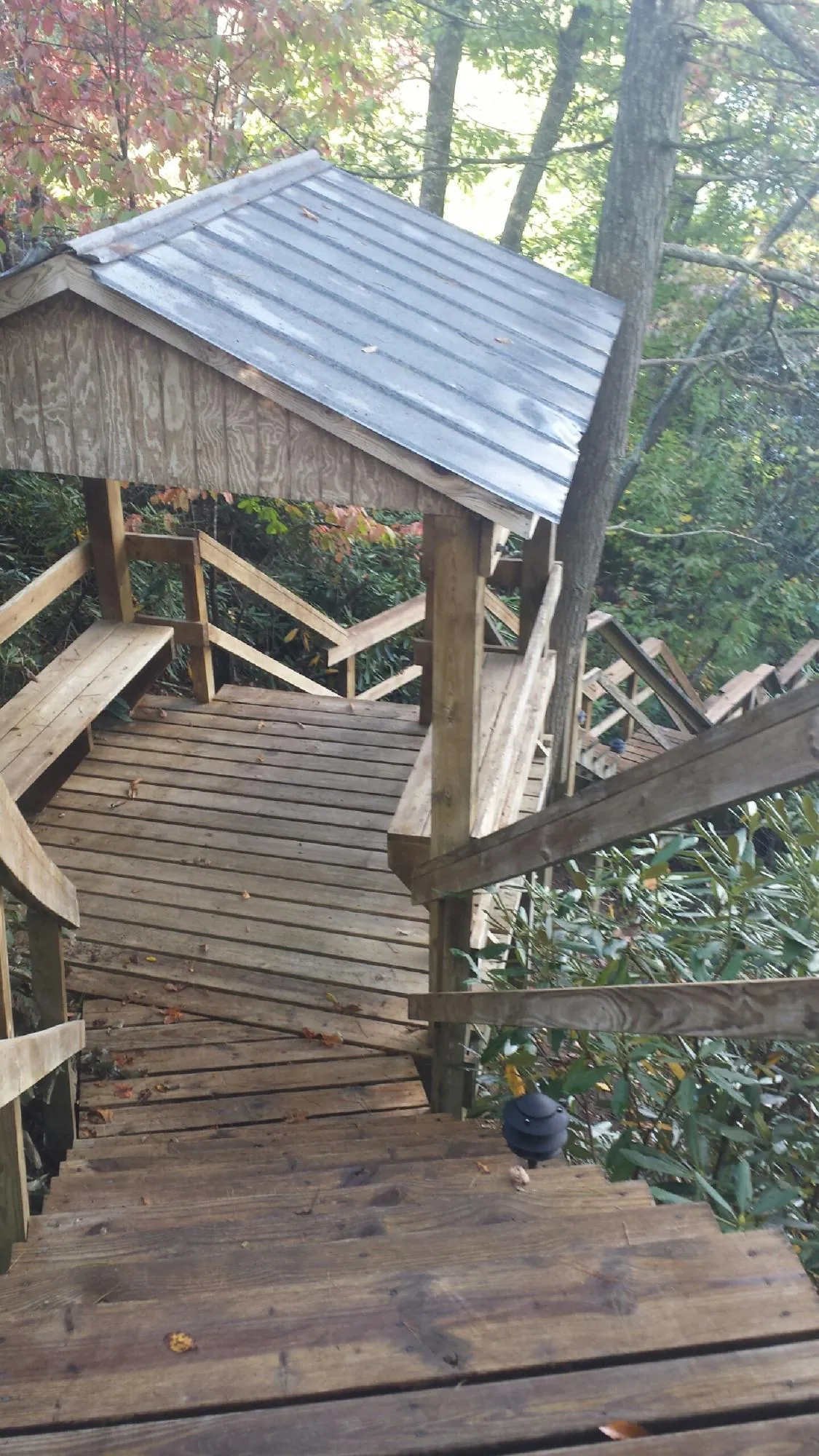 Metal roofed shelter over wooden steps on a wooded walkway — Skylight Repair & Installation work by our crew in Eagle